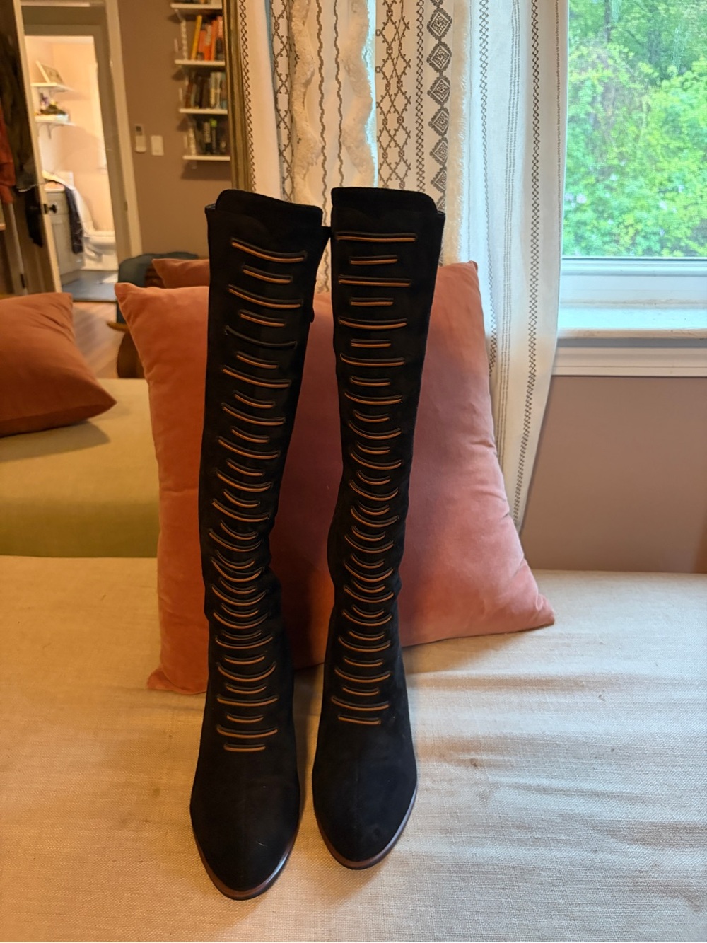 Azura Zontalhi Italian Suede Women's Black Lace-Up Knee-High Boots 7.5